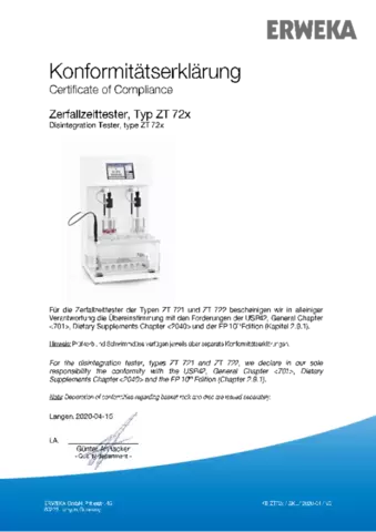 Certificate of Compliance - Disintegration Tester, Type ZT 72x