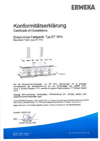 Certificate of Compliance - Dissolution Tester, Type DT 161X