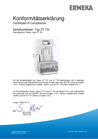 Certificate of Compliance - Disintegration Tester, Type ZT 73x