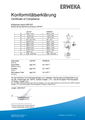 Certificate of Compliance - Basket Stirring Element According to USP / EP