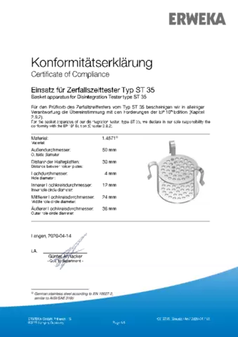 Certificate of Compliance - Basket Apparatus for Disintegration Tester, Type ST 35