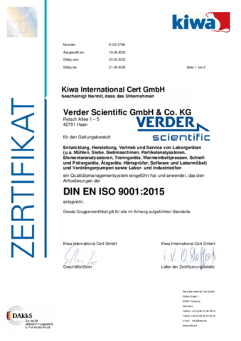 Verder Scientific ISO 9001:2015 Zertifikat