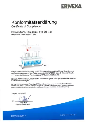 Certificate of Compliance - Dissolution Tester, Type DT 72x