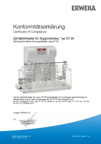 Certificate of Compliance - Disintegration Tester for Suppositories, Type ST 35