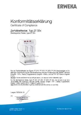 Certificate of Compliance - Disintegration Tester, Type ZT 32x