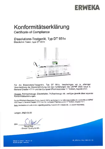 Certificate of Compliance - Dissolution Tester, Type DT 951x