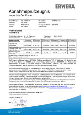 Inspection Certificate - Friability Test, RS Tablets (EE03025)