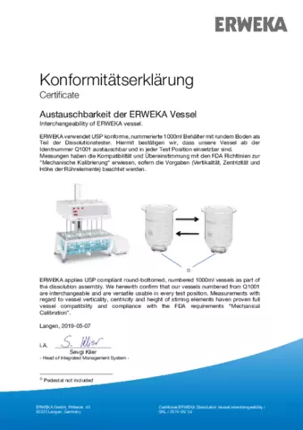 Certificate of Compliance - ERWEKA Dissolution Vessel interchangeability