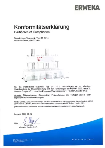 Certificate of Compliance - Dissolution Tester, Type DT 141X