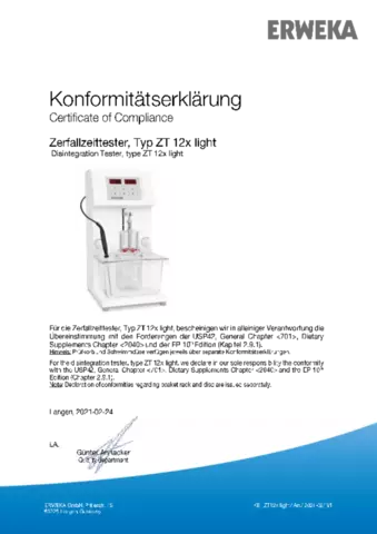 Certificate of Compliance - Disintegration Tester, Type ZT 12x Light