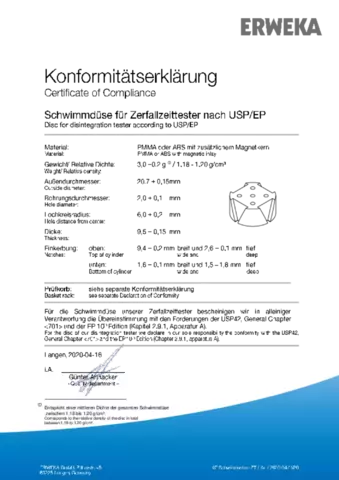 Certificate of Compliance - Disc for Disintegration Tester According to USP / EP