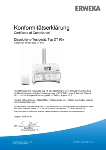 Certificate of Compliance - Dissolution Tester, Type DT 95x