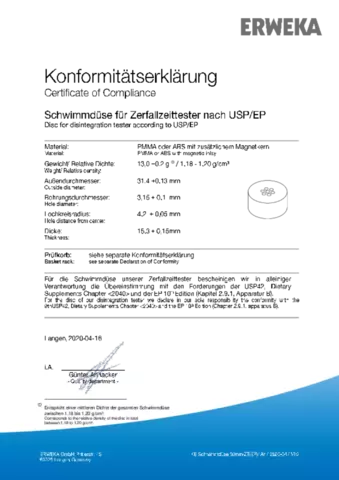 Certificate of Compliance - Disk for Integration Tester According to USP / EP