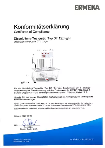 Certificate of Compliance - Dissolution Tester, Type DT 12x Light