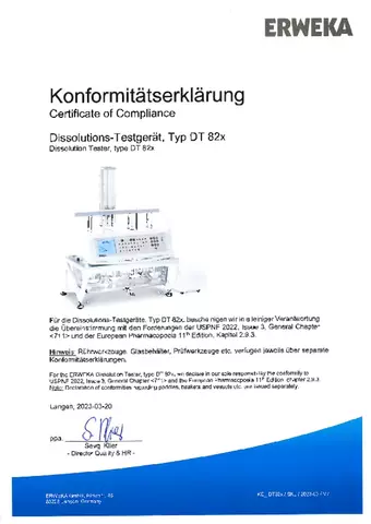 Certificate of Compliance - Dissolution Tester, Type DT 82x