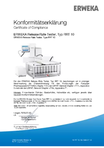 Certificate of Compliance - ERWEKA Release Rate Tester, Type RRT 10